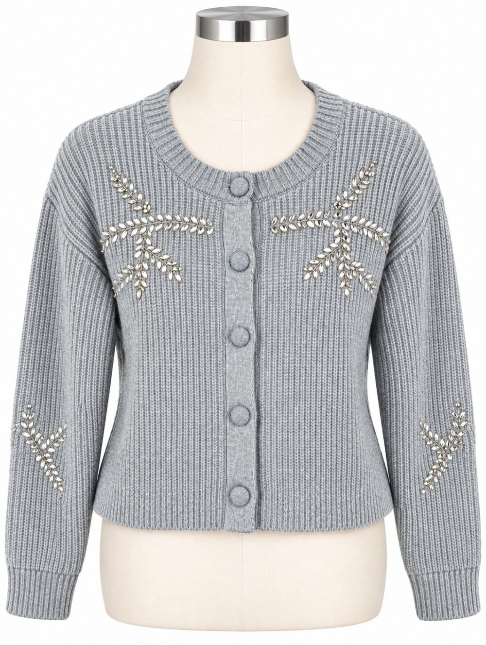 Jason Wu NWT Heather Gray Ribbed Knit Crystal Embellished Cardigan Sweater L